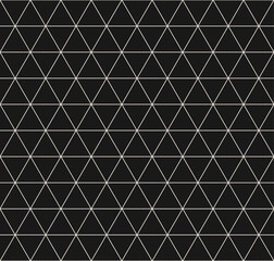 Triangular grid vector seamless pattern. Subtle thin lines texture, delicate black and white minimalist lattice, mesh, net, triangles, hexagons. Abstract graphic background. Dark repeat geo design