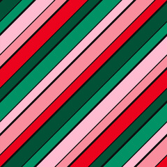 Simple diagonal stripes vector seamless pattern. Funky texture in trendy summer colors, green, pink, red. Abstract striped background with parallel slanted lines. Repeat geo design for decor, wrapping