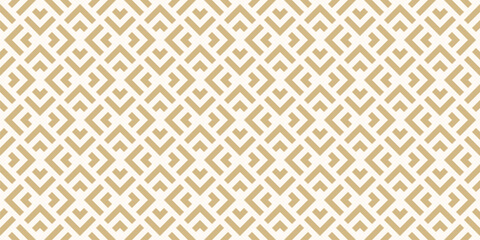 Golden vector geometric seamless pattern with squares, rhombuses, arrows, grid, lattice. Luxury abstract gold and white graphic ornament. Simple modern minimal background texture. Repeat geo design