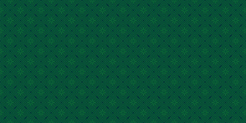 Subtle vector seamless pattern. Simple green geometric floral ornament. Abstract ornamental texture with flower silhouettes, petals, curved lines, repeat tiles. Elegant background. Repeatable design