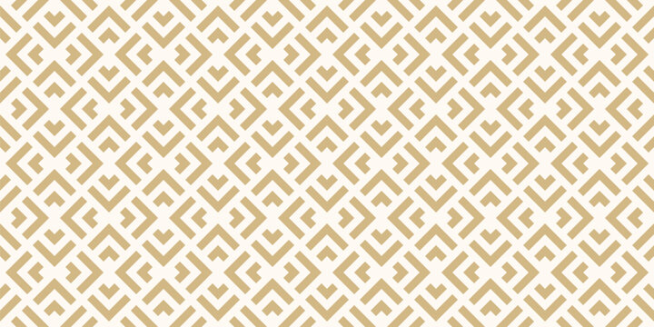 Golden Vector Geometric Seamless Pattern With Squares, Rhombuses, Arrows, Grid, Lattice. Luxury Abstract Gold And White Graphic Ornament. Simple Modern Minimal Background Texture. Repeat Geo Design