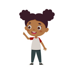 Cute little kid girl with great idea. Template for children design. Cartoon schoolgirl character show facial expression. Vector illustration