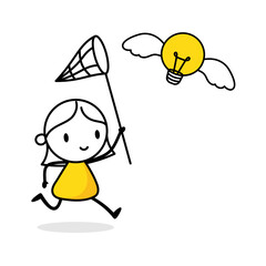 Woman try to catch flying bright lightbulb. Idea generation and creativity concept. Vector stock illustration