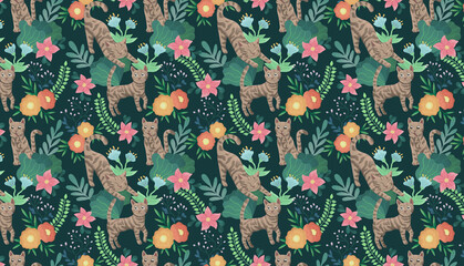 Motif chats, plantes et fleurs © Cindy