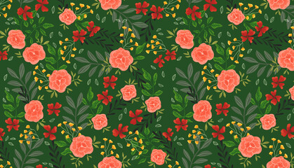 Motif roses sur fond vert