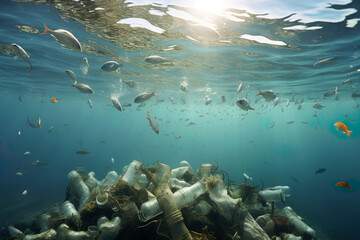 Fototapeta na wymiar Fish and plastic pollution in sea. Generative Ai.