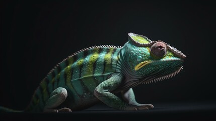Fototapeta premium chameleon on a black background lizard reptile animal green generative ai