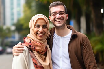 Fototapeta premium Happy Middle eastern smiling couple posing in a city street 
