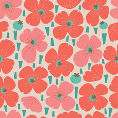 Modern cartoon poppy seamless pattern. Simple flower shape, box vector illustrtion for textile, background