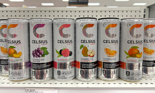 June 30, 2023: Grocery store shelf with cans of Celsius Live Fit Sparkling Energy drink. Advertised to have calorie burning ingredients.