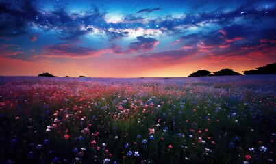  a field full of flowers under a purple sky with stars.  generative ai
