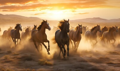 Fototapeta na wymiar a herd of horses running across a desert field at sunset. generative ai