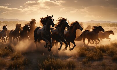 a herd of horses running across a dry grass covered field.  generative ai