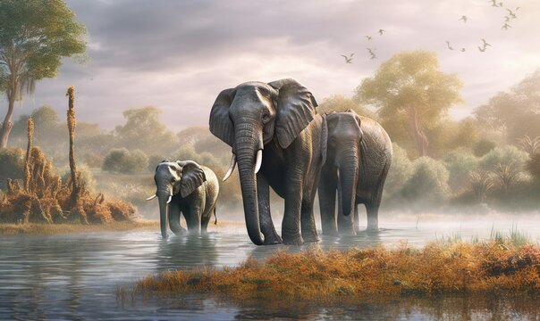  a painting of two elephants walking in the water with birds flying overhead.  generative ai
