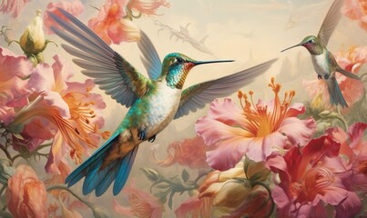  a painting of a hummingbird hovering over a flower filled field.  generative ai