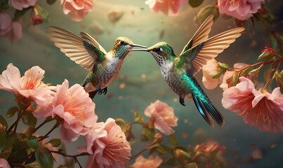  two hummingbirds are touching each other in front of pink flowers.  generative ai