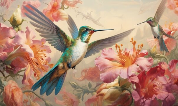  a painting of a hummingbird hovering over a flower filled field. generative ai © Anna