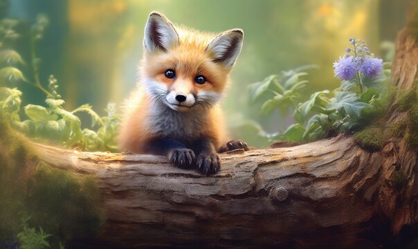  a painting of a red fox sitting on a tree branch.  generative ai
