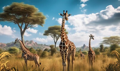 Fototapeta premium a group of giraffes standing in a field. generative ai