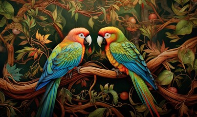 Obraz premium two colorful birds sitting on a branch of a tree together. generative ai