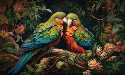 Fototapeta premium a painting of two colorful birds sitting on a tree branch. generative ai