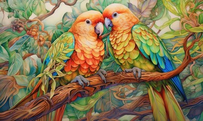  a painting of two colorful birds sitting on a tree branch.  generative ai