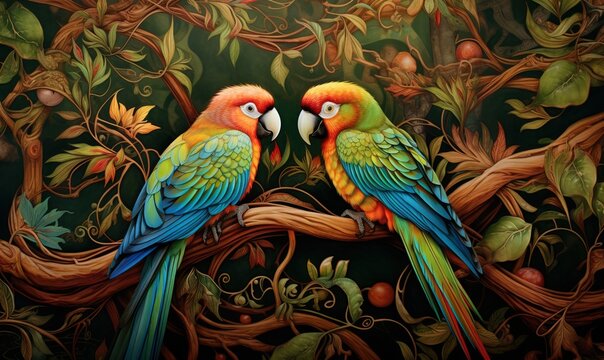  two colorful birds sitting on a branch of a tree together.  generative ai