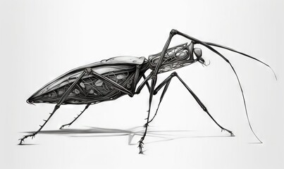  a black and white photo of a praying bug on a white background.  generative ai