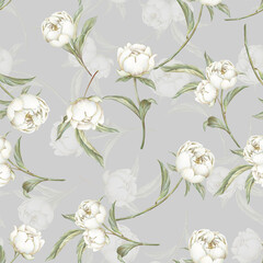 White pastel peony seamless pattern. Hand drawn blooming flowers on grey background. Soft tones