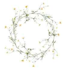 Wreath of yellow flower meadow, forest flowers. Buttercup known as Ranunculus acris, sitfast, spearworts or water crowfoots.Watercolor hand painting illustration on isolate. , circlet of flowers - obrazy, fototapety, plakaty