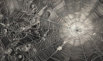 a black and white photo of a spider web with a sunburst in the center.  generative ai