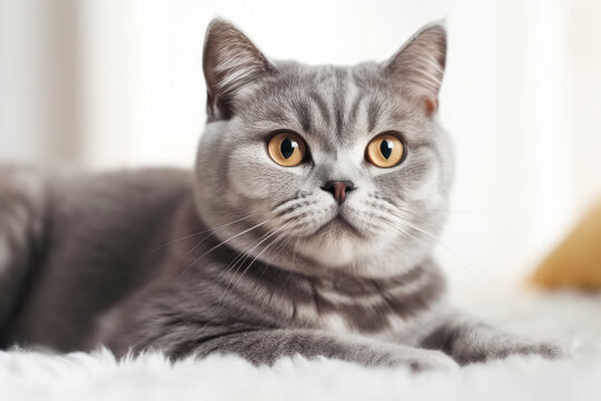 Gray British Shorthair cat lying on white carpet. Generative AI.
