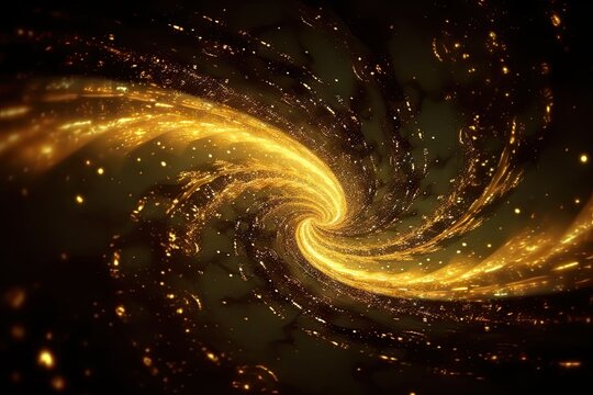 Golden Ethereal Swirls on Black Background. Spiral Light Effects Generative AI illustrations