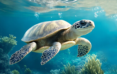 Naklejka na ściany i meble Young sea turtle under water, ai generated