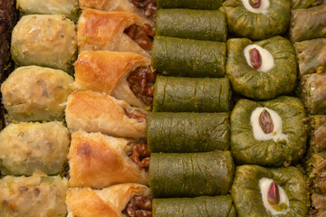 A variety of turkish sweet baklava. Walnut baklava.