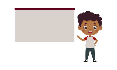 Cute little boy points his finger at the empty board. Template for children design. Cartoon schoolboy character. Vector illustration