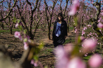 Woman walking through fields of flowering peach trees in spring.