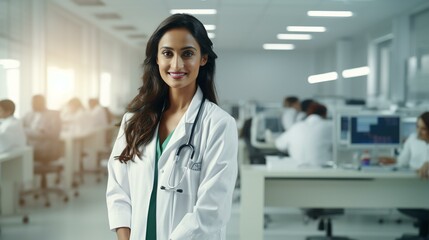 A Indian woman in a white lab coat with a stethoscope on her neck stands in a hospital