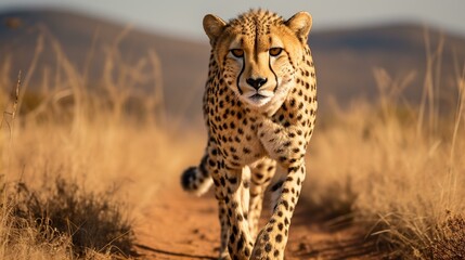 Spotted cheetah walking majestically in African savannah
