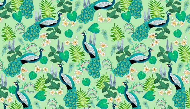 Motif paons et plantes botaniques