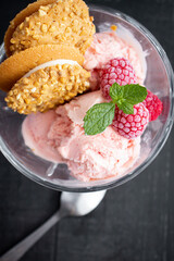 Raspberry ice cream in a bowl. on a dark background. Sweet dessert