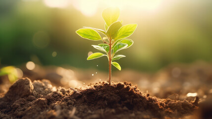 Growing Seedling with Morning Sunshine on Green Bokeh Background, AI generated