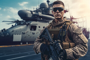 Fototapeta na wymiar US Army Marine in full uniform and tactical equipment on the deck of a warship, an aircraft carrier. Military helicopter in the background. AI generated.