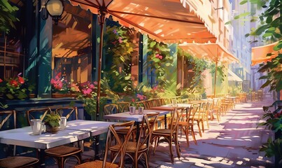  a painting of an outdoor cafe with tables and chairs and flowers.  generative ai