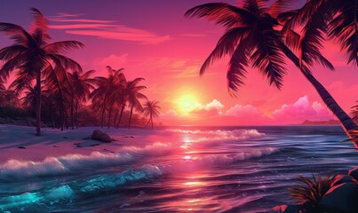  a painting of a beach with palm trees and a sunset.  generative ai