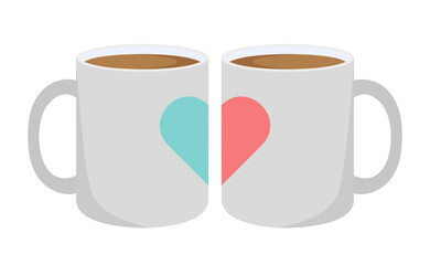 Paired mugs. White coffee mugs. Ceramic mugs with hearts. Isolated on white background.	
