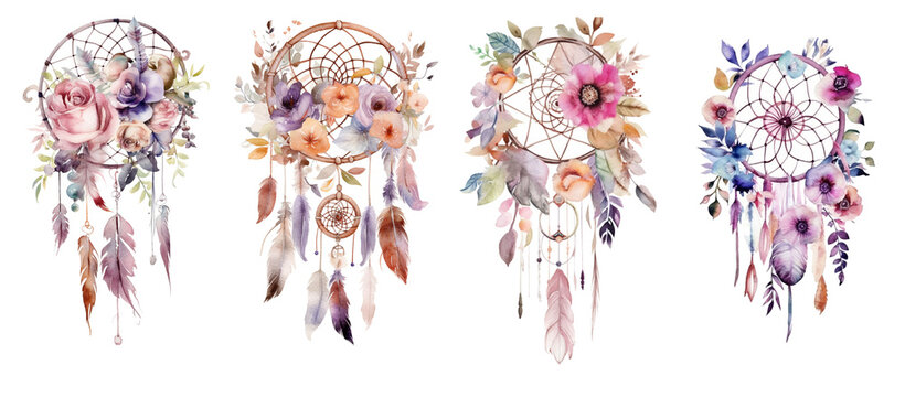 Watercolor dream catchers with flowers and feathers. Generative AI