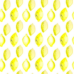 Watercolor pattern with lemons on white background. Modern floral exotic print. Abstract tropical background. Lemon citrus seamless texture illustration