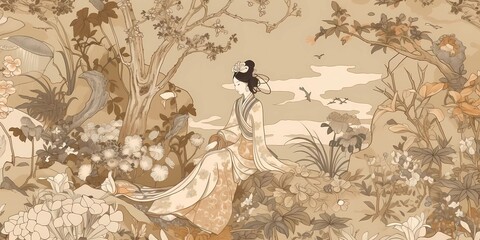 Asian watercolour painting. man and woman, beautiful nature landscape. Generative Ai