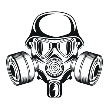 Gas mask in a helmet. Vector illustration of a sketch chemical gas mask respirator with protective glass and filters.